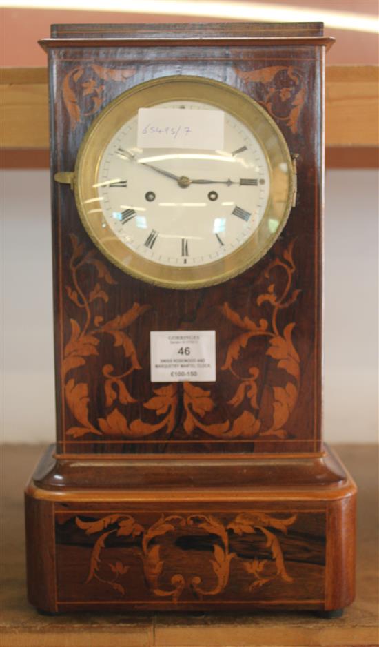 Swiss rosewood and marquetry mantel clock